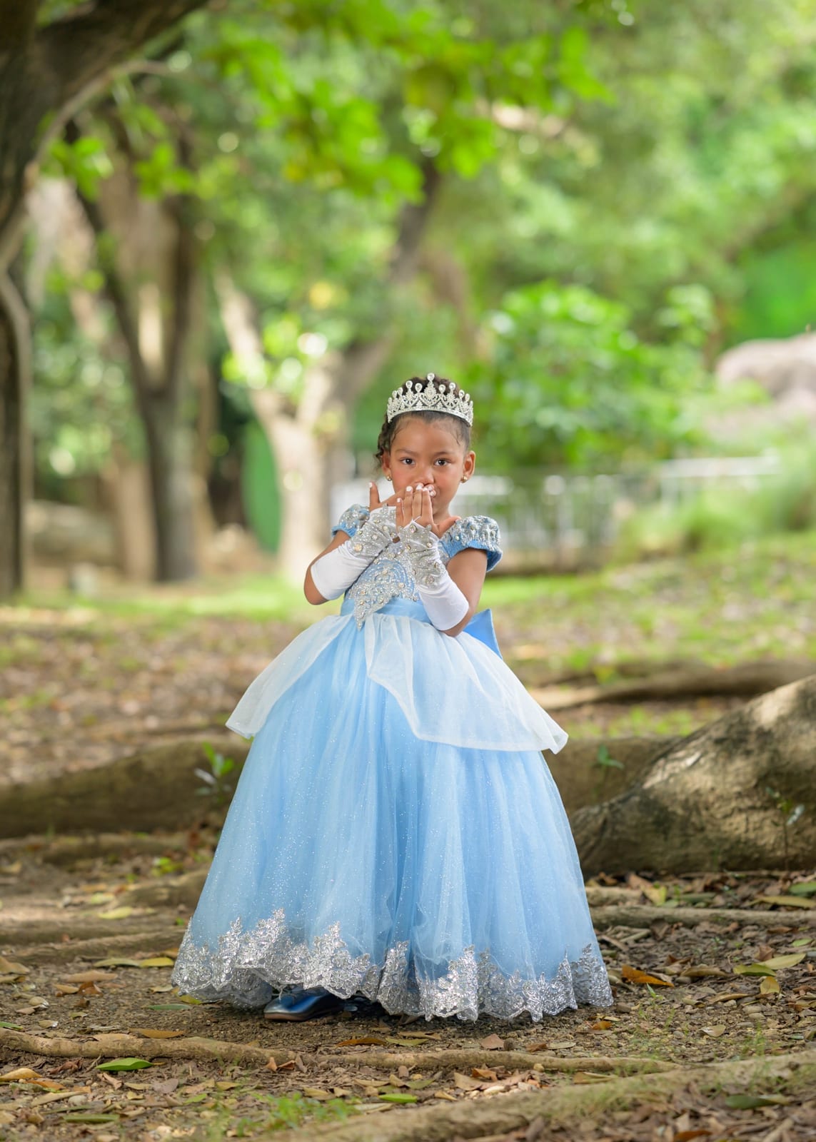 Vestido azul princesa importado guantes, corona y cola